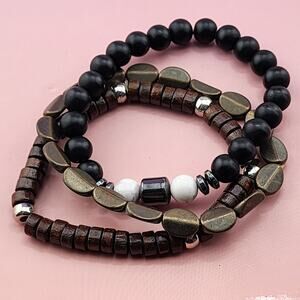 Black Brown Wood Mixed Bead Stretch Bracelet Set of 3 Bronze Tone Boho